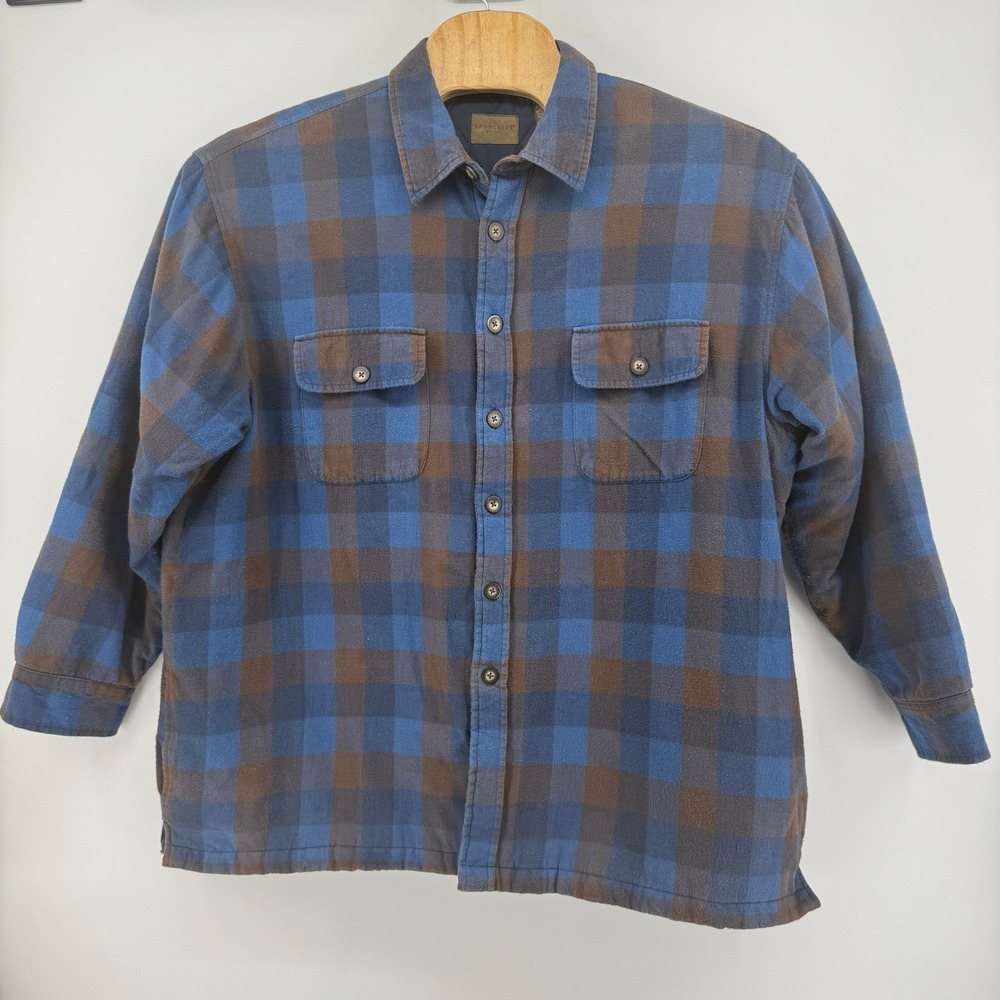 Towncraft Flannel Shirt Mens XXL Blue Brown Plaid Quilted Lined Button Up